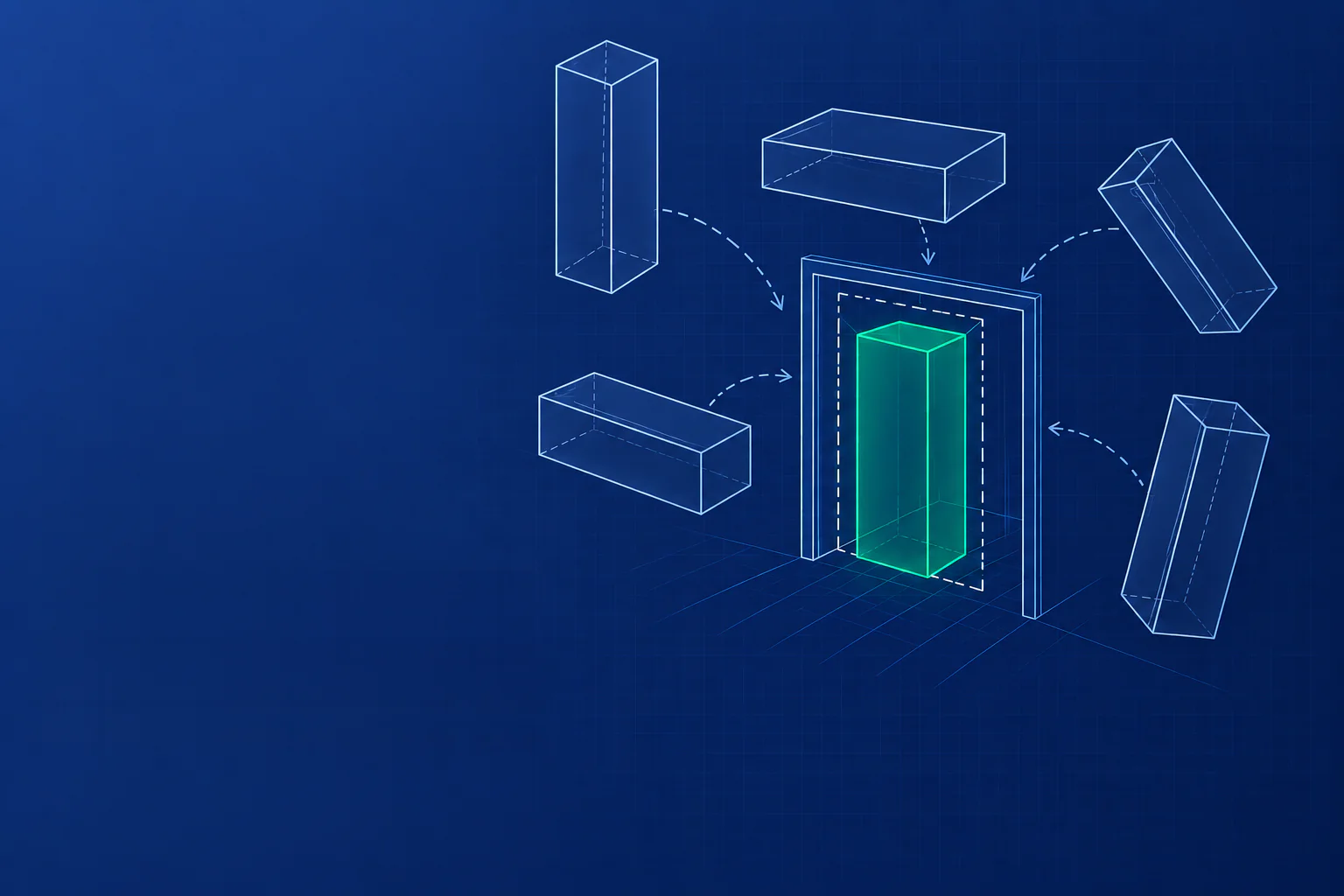 Blueprint illustration of a box tried in several orientations around a doorway, with the upright orientation that fits highlighted in green