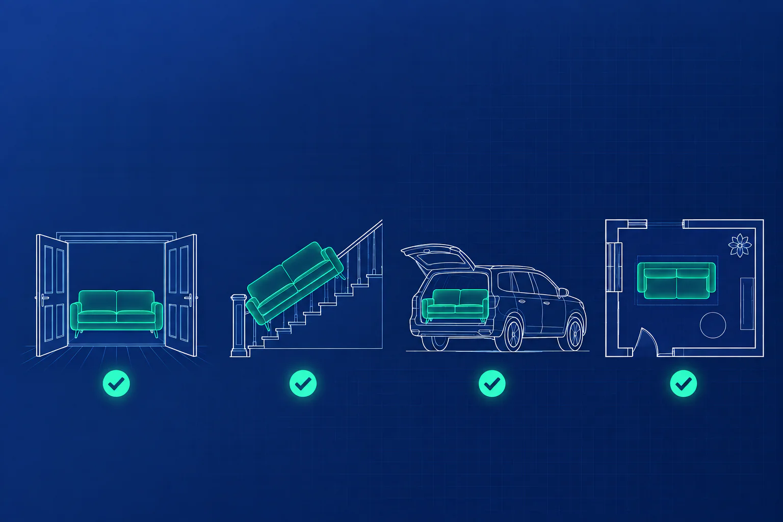 Blueprint illustration of the same sofa checked through a double doorway, up a staircase, into an SUV cargo area, and in a room floor plan, each with a green check