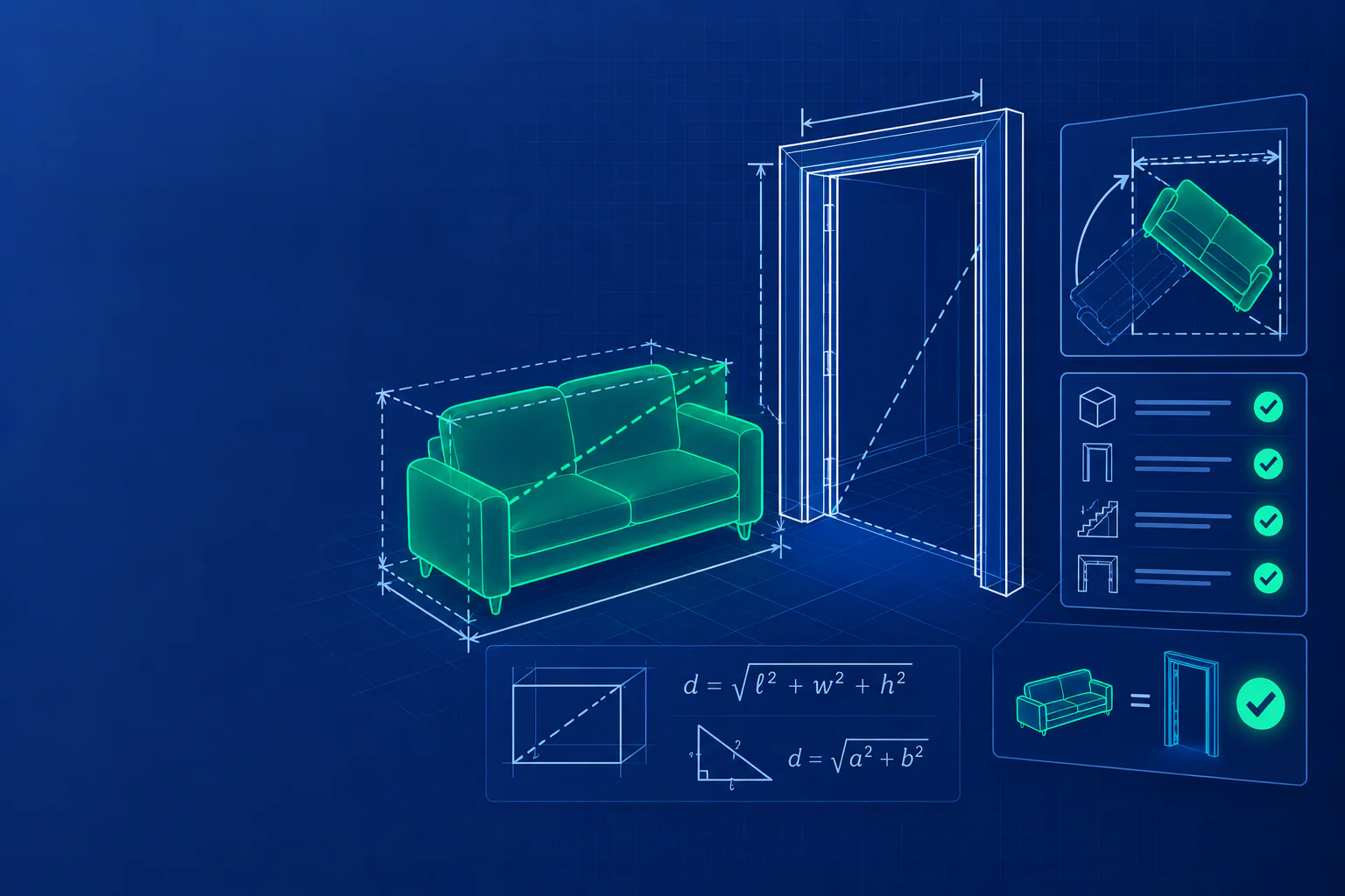 Blueprint illustration of a sofa with its diagonal measured beside a doorway, the diagonal formula, and a checklist of passing fit checks