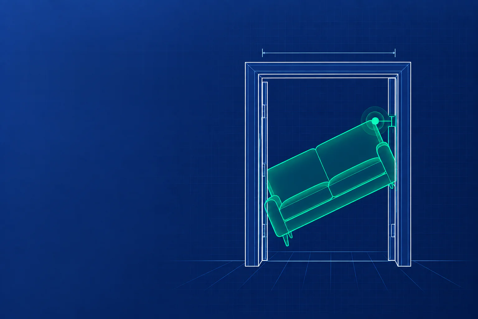 Blueprint illustration of a sofa tilted through a doorway, with the tightest point against the door frame marked by a glowing green dot