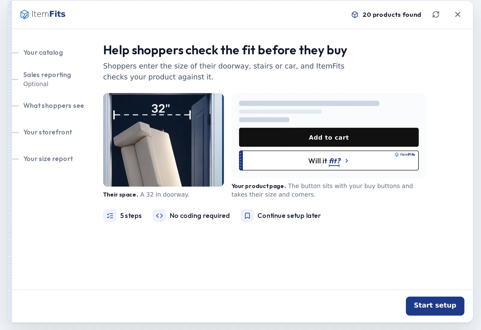ItemFits guided setup in the Shopify admin: help shoppers check the fit before they buy, in five steps with no coding required.