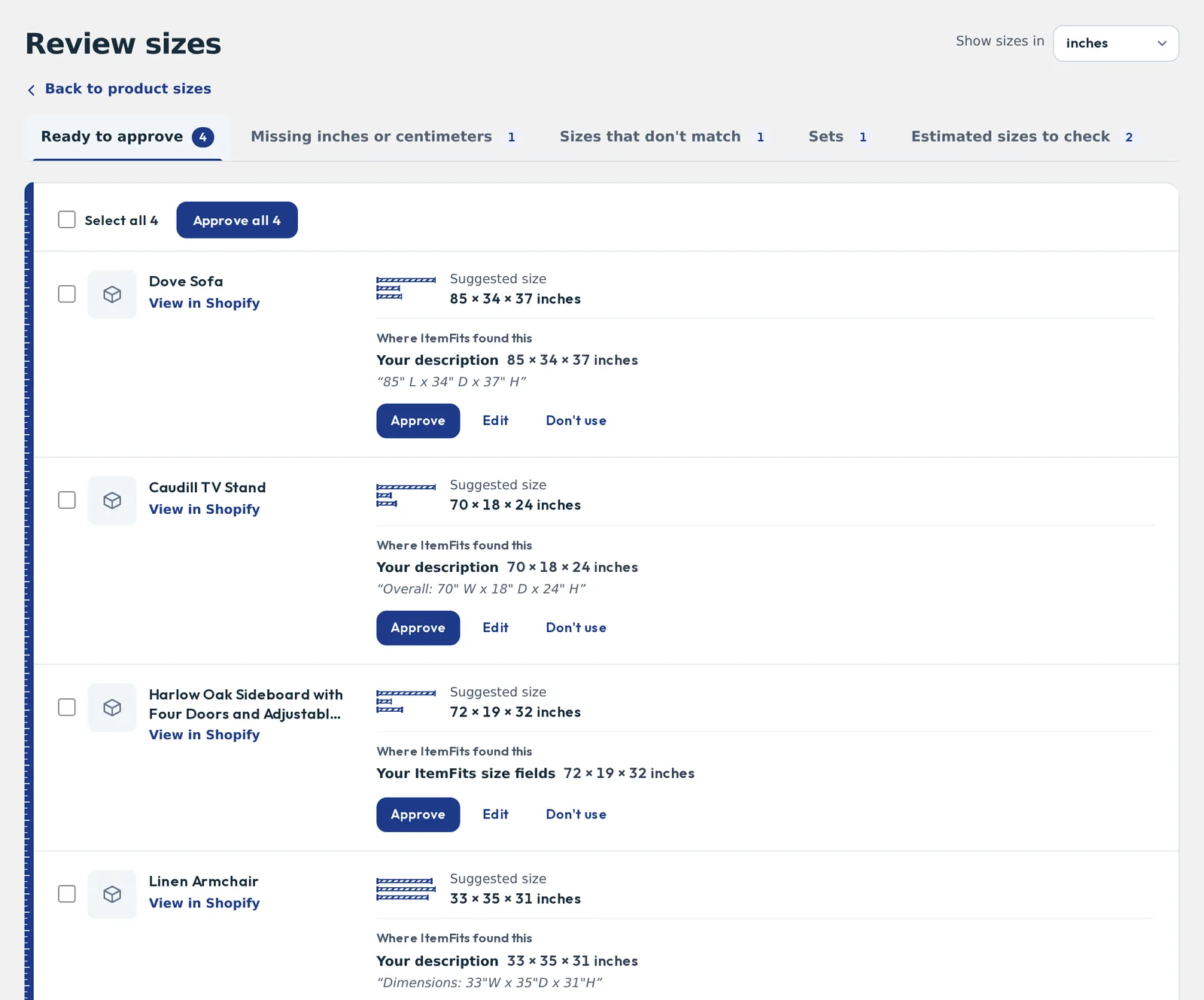 Review sizes: suggested sizes for a sofa, a TV stand and a sideboard, each quoting the product description it was found in, with Approve, Edit and Don’t use buttons.