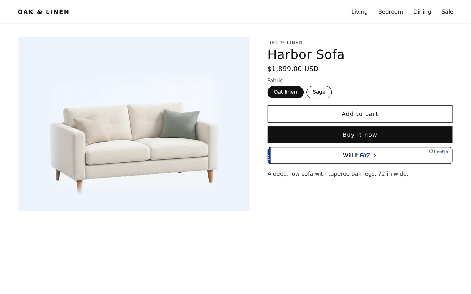 A furniture product page for the Harbor Sofa, 72 × 36 × 34 inches, on a demo furniture store, with an ItemFits “Will It Fit?” button under Add to cart and Buy it now.
