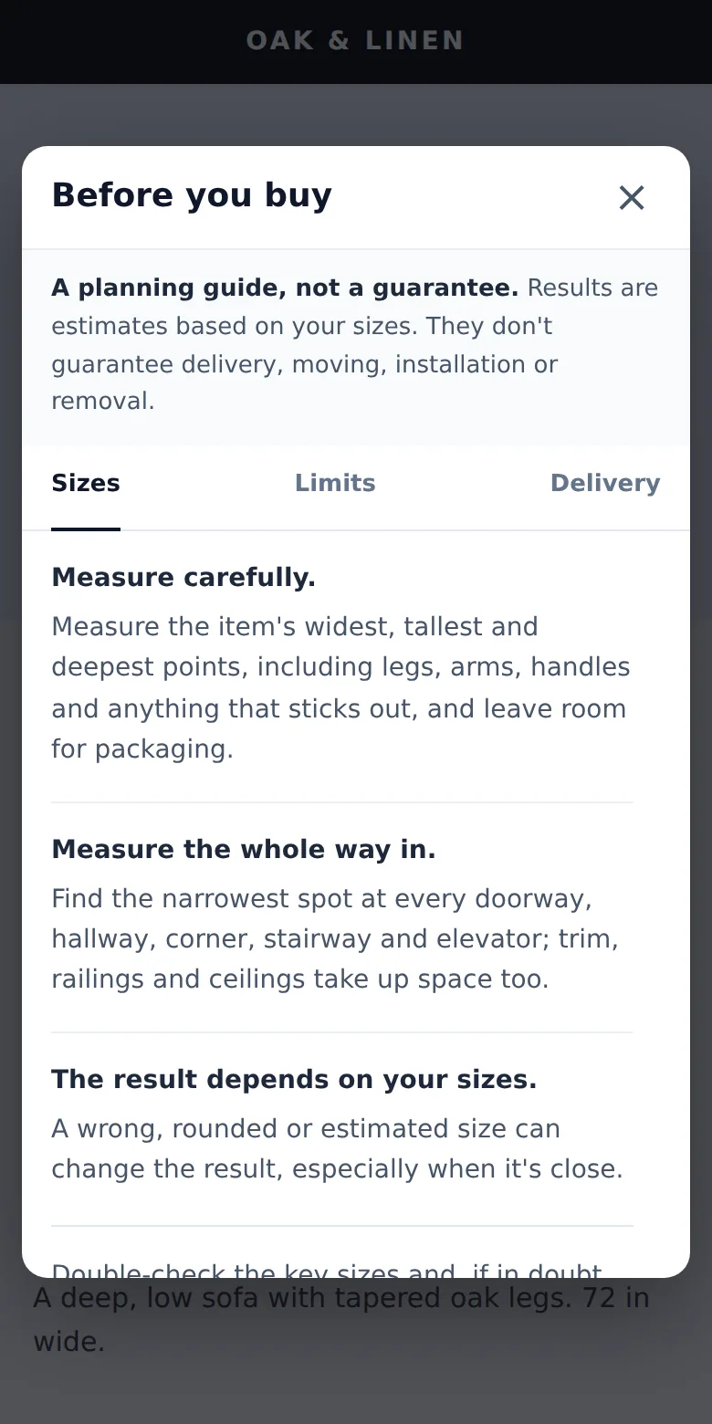 The Before you buy note: a planning guide, not a guarantee, with advice to measure carefully and measure the whole way in.