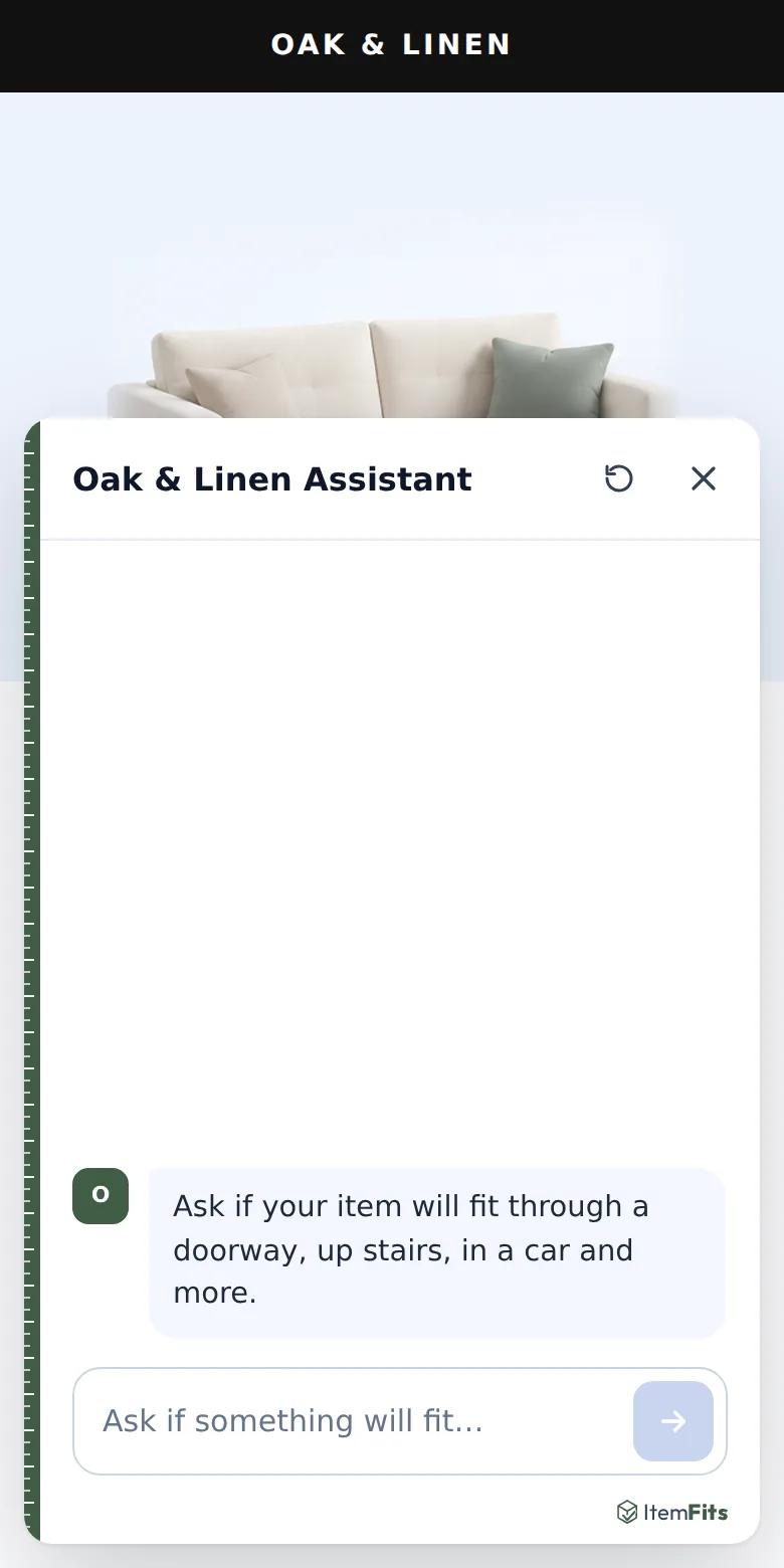 The chat assistant under store branding, named “Oak & Linen Assistant”, with a small ItemFits credit.