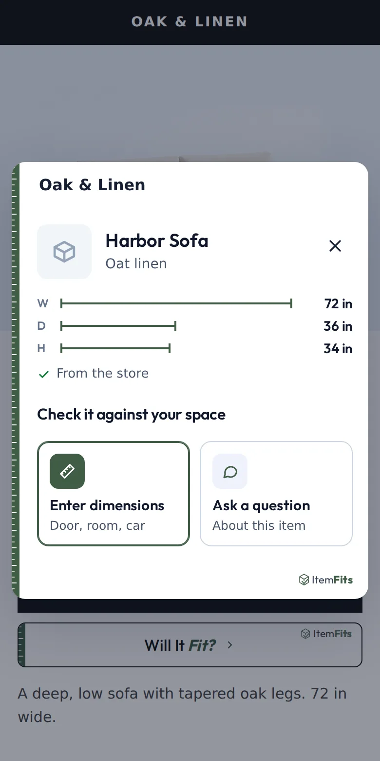 The fit dialog under store branding, titled with the store’s name, Oak & Linen, with a small ItemFits credit.