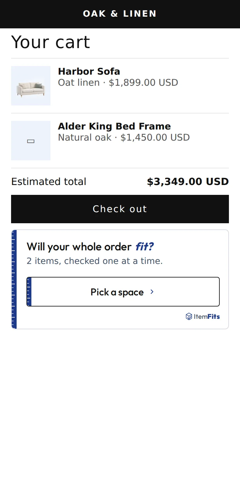 A cart with a sofa and a bed frame, and an ItemFits box under Check out: “Will your whole order fit? 2 items, checked one at a time.”