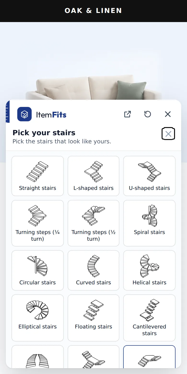 After the stairs question, the assistant asks the shopper to pick their kind of stairs: straight, L-shaped, U-shaped, spiral and more.