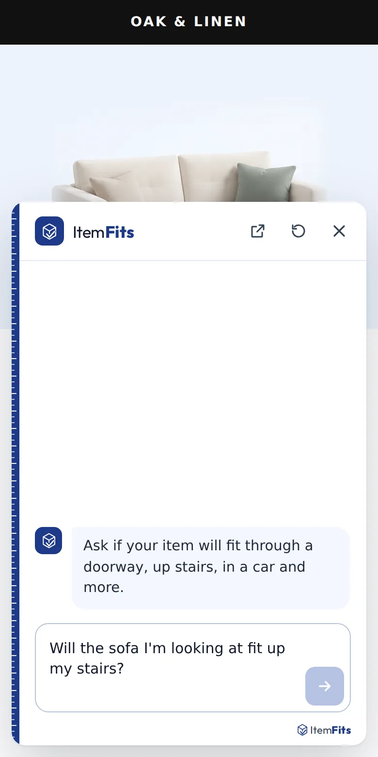 The ItemFits chat assistant with a shopper typing “Will the sofa I’m looking at fit up my stairs?”