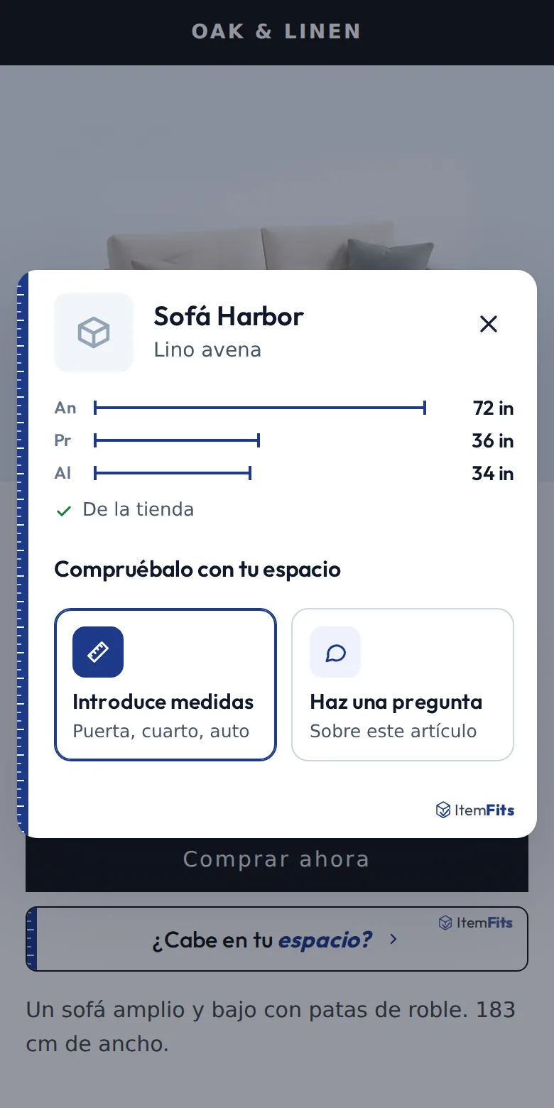 The ItemFits dialog in Spanish for the Sofá Harbor, showing its sizes “De la tienda”.