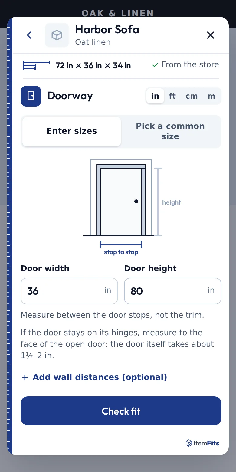 The doorway form with a drawing of where to measure, filled in with a 36 inch wide, 80 inch tall door.