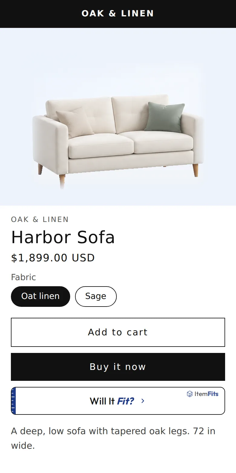A phone showing the Harbor Sofa, 72 × 36 × 34 inches, on a demo furniture store, with the ItemFits “Will It Fit?” button below the buy buttons.