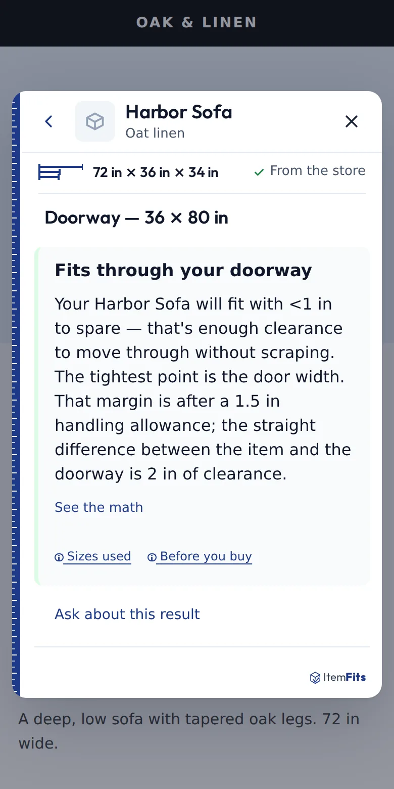 ItemFits result: the Harbor Sofa fits through a 36 by 80 inch doorway with under an inch to spare, with the tightest point and a See the math link.