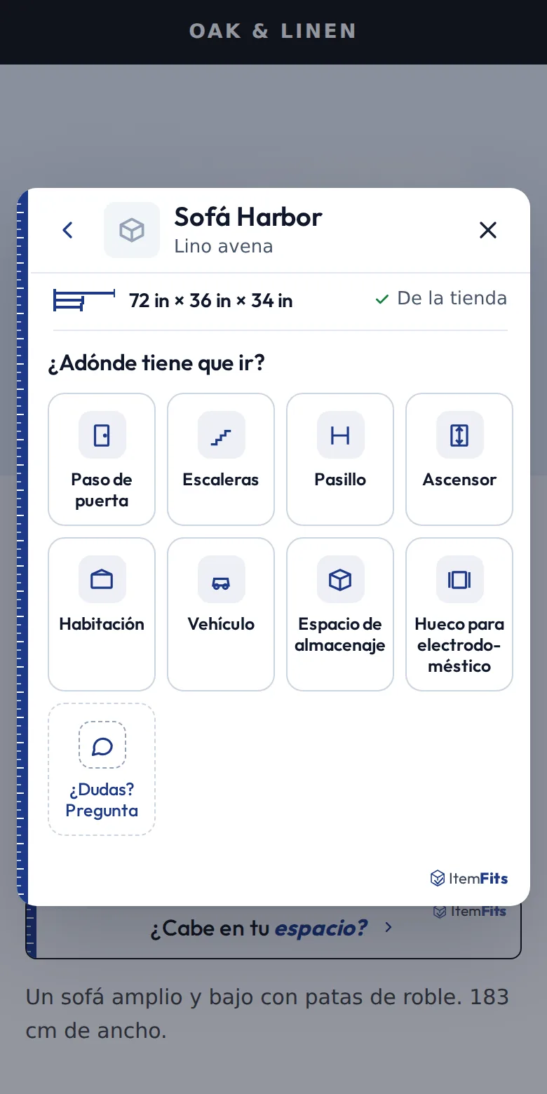 The space picker in Spanish: paso de puerta, escaleras, pasillo, ascensor, habitación, vehículo.