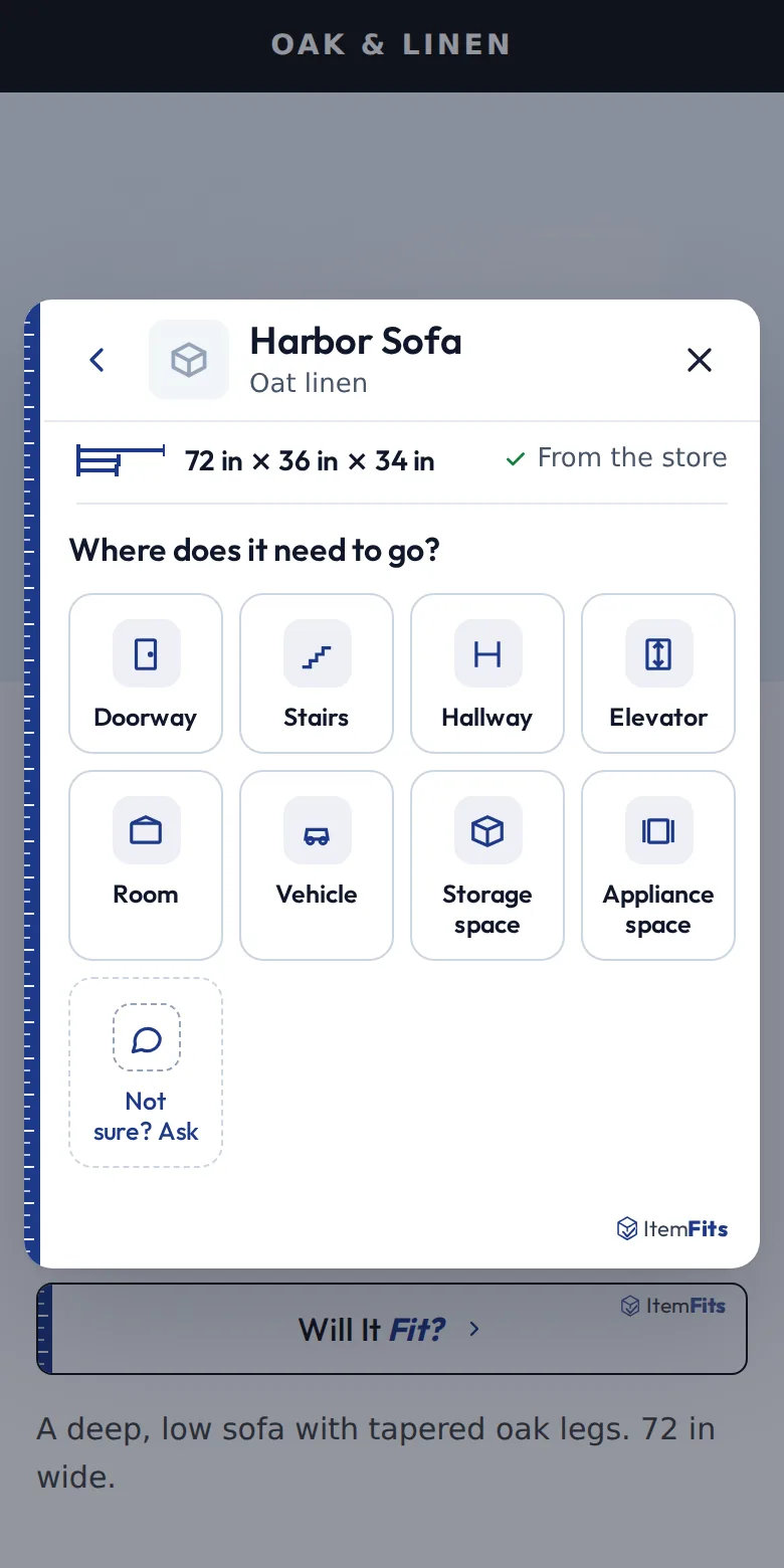 ItemFits asks where the sofa needs to go: doorway, stairs, hallway, elevator, room, vehicle, storage space or appliance space.