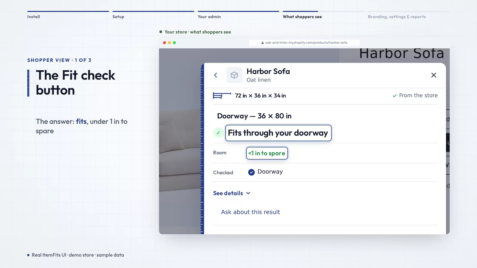 A frame from the ItemFits product tour: the fit dialog on a demo store’s sofa page answers that the Harbor Sofa fits through a 36 by 80 inch doorway, with under an inch to spare.